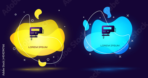 Black Electric jigsaw with steel sharp blade icon isolated on black background. Power tool for woodwork. Abstract banner with liquid shapes. Vector
