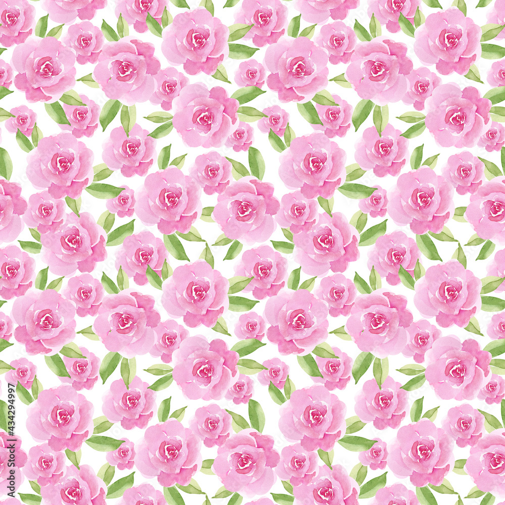 seamless floral pattern with delicate roses on a white background, watercolor illustration hand painted