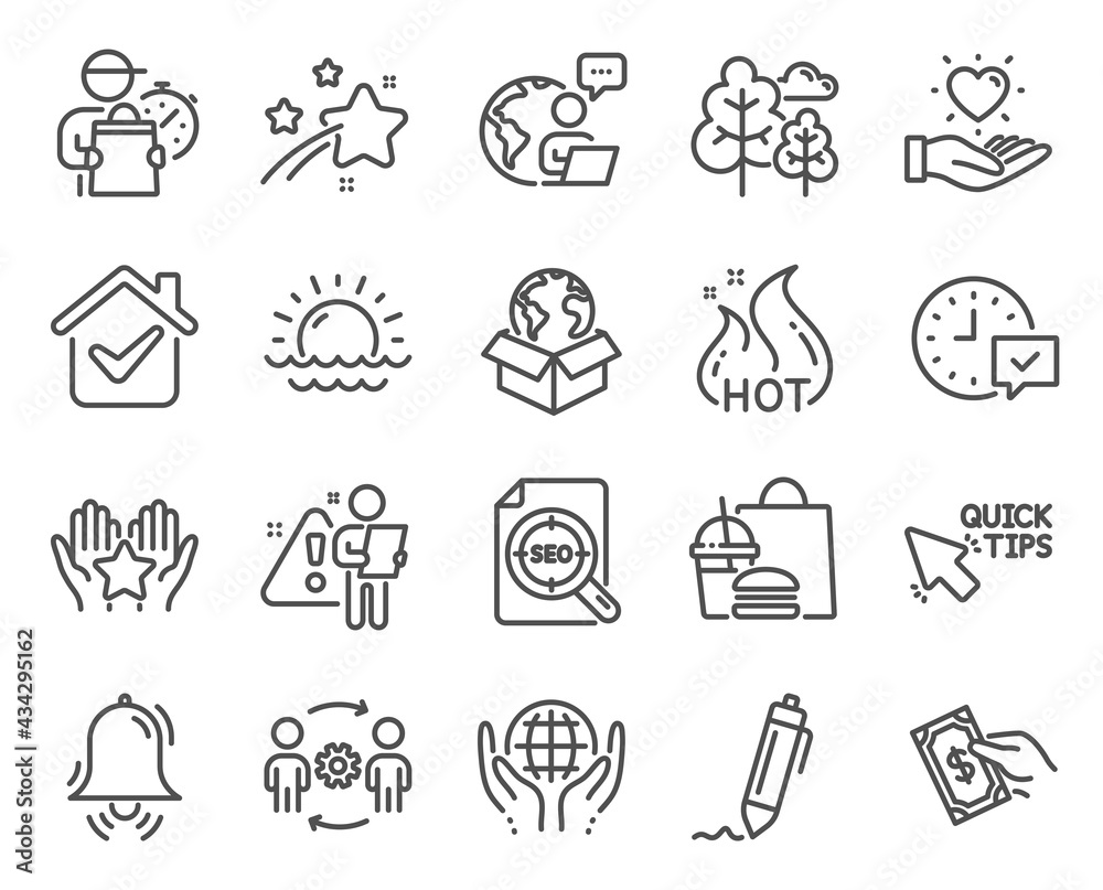 Business icons set. Included icon as Hold heart, Quick tips, Tree signs. Signature, Pay money, Sunset symbols. Hot sale, Engineering team, Clock bell. Seo file, Ranking, Select alarm. Vector Business icons set. Included icon as Hold heart, Quick tips, Tree signs. Signature, Pay money, Sunset symbols. Hot sale, Engineering team, Clock bell. Seo file, Ranking, Select alarm. Vector