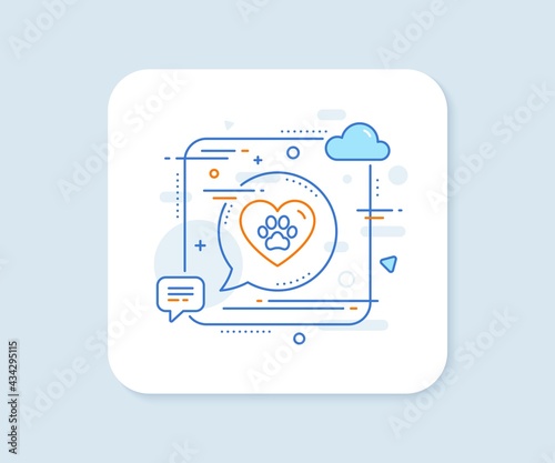 Pets care line icon. Abstract square vector button. Veterinary clinic sign. Dog paw in heart symbol. Pets care line icon. Speech bubble concept. Vector