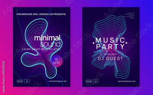 Neon edm flyer. Electro trance music. Techno dj party. Electronic sound event. Club dance poster.