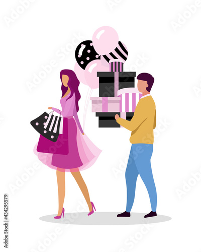 Couple going shopping together flat color vector faceless characters. Clothing on sale. Obsessive passion for mall purchases isolated cartoon illustration for web graphic design and animation