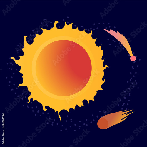 Sun, comet and meteorite. Vector icon