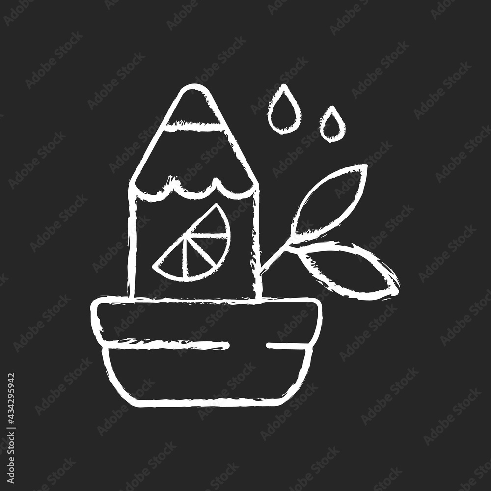 Branded growing pencil chalk white icon on black background. Eco designed office accessories. Modern styled equipment. Spreading plants around planet. Isolated vector chalkboard illustration Branded growing pencil chalk white icon on black background. Eco designed office accessories. Modern styled equipment. Spreading plants around planet. Isolated vector chalkboard illustration