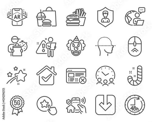 Business icons set. Included icon as Augmented reality, Reject web, Swipe up signs. Meeting time, 48 hours, Load document symbols. Burger, Face scanning, Clown. Candy, House security. Vector
