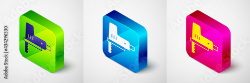 Isometric Electric jigsaw with steel sharp blade icon isolated on grey background. Power tool for woodwork. Square button. Vector