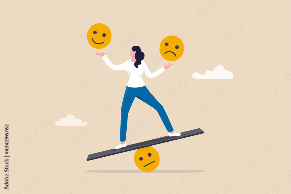 Emotional intelligence, balance emotion control feeling between work stressed or sadness and happy lifestyle concept, mindful calm woman using her hand to balance smile and sad face. - obrazy, fototapety, plakaty 