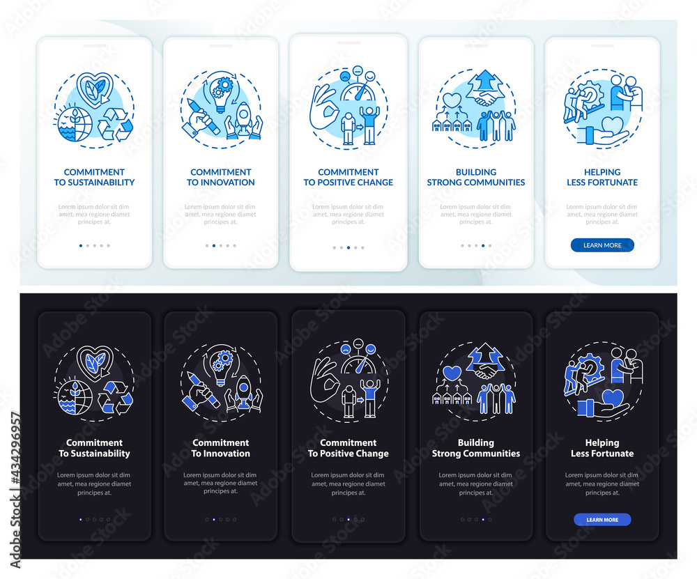 Company core ideals onboarding mobile app page screen with concepts. Commitment walkthrough 5 steps graphic instructions. UI, UX, GUI vector template with linear night and day mode illustrations