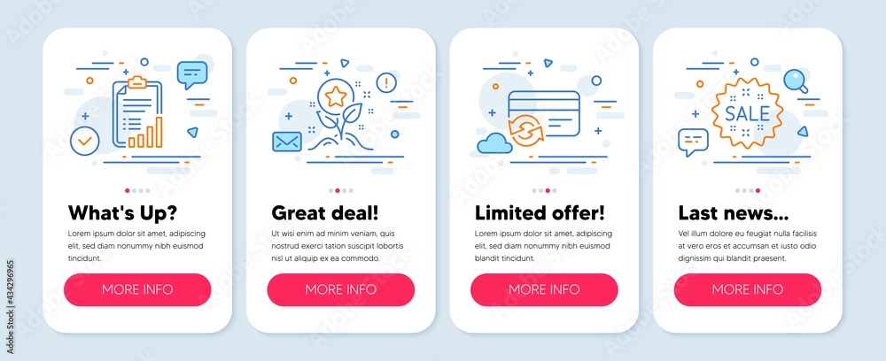 Set of Finance icons, such as Checklist, Change card, Loyalty points symbols. Mobile screen mockup banners. Sale line icons. Graph report, Payment method, Bonus grows. Shopping star. Vector Set of Finance icons, such as Checklist, Change card, Loyalty points symbols. Mobile screen mockup banners. Sale line icons. Graph report, Payment method, Bonus grows. Shopping star. Vector