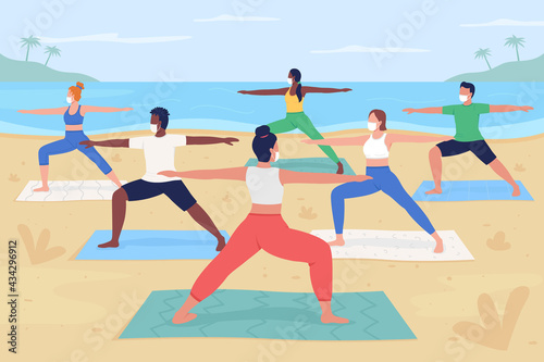 Yoga retreat during pandemic flat color vector illustration. Summer vacation activity during covid. Exercising women and men in face masks 2D cartoon characters with ocean beach on background