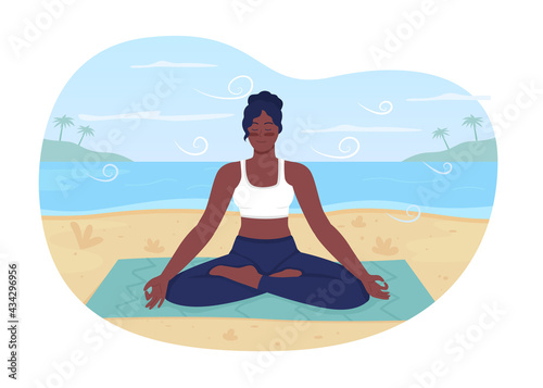 Summer beach relaxation 2D vector web banner, poster. Recreational retreat. Meditating african american woman flat characters on cartoon background. Zen printable patch, colorful web element © The img