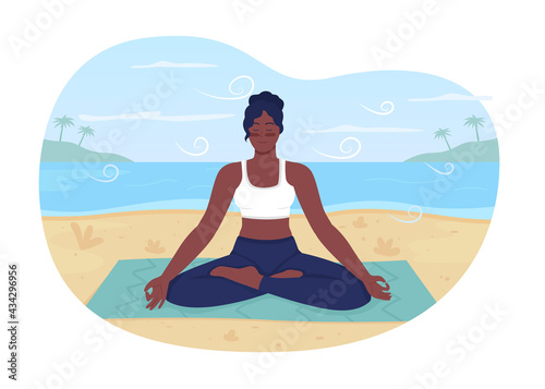 Summer beach relaxation 2D vector web banner, poster. Recreational retreat. Meditating african american woman flat characters on cartoon background. Zen printable patch, colorful web element