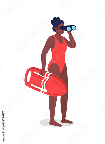 Lifeguard looking in binoculars flat color vector faceless character. African american woman in swimsuit. Summer beach safety service isolated cartoon illustration for web graphic design and animation