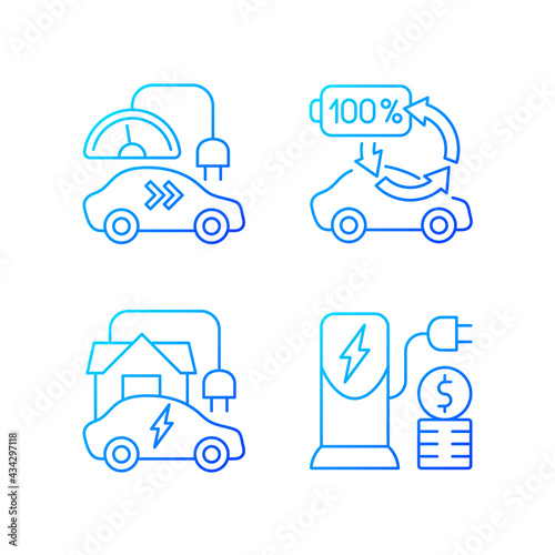 Electric vehicle charging gradient linear vector icons set. Types of charging connectors for electromobiles. Thin line contour symbols bundle. Isolated vector outline illustrations collection