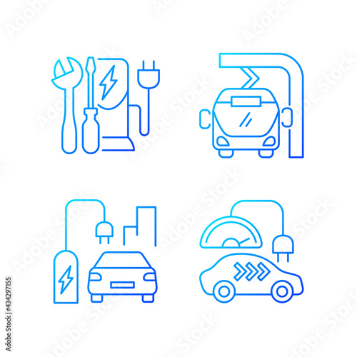 Electric vehicle charging gradient linear vector icons set. Different types of charging stations for electromobiles. Thin line contour symbols bundle. Isolated vector outline illustrations collection