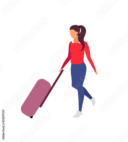 Female traveler holding luggage flat color vector faceless character. Passenger with bag. Business travel and tourism isolated cartoon illustration for web graphic design and animation