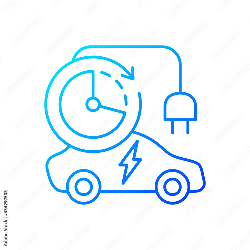 Charging time gradient linear vector icon. Time spent to fill up battery of electromobil. Natural fuel. Thin line color symbols. Modern style pictogram. Vector isolated outline drawing Charging time gradient linear vector icon. Time spent to fill up battery of electromobil. Natural fuel. Thin line color symbols. Modern style pictogram. Vector isolated outline drawing