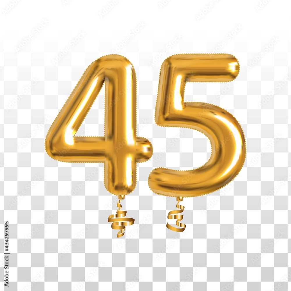 Vector realistic isolated golden balloon number of 45 for invitation decoration on the transparent background. Vector realistic isolated golden balloon number of 45 for invitation decoration on the transparent background.