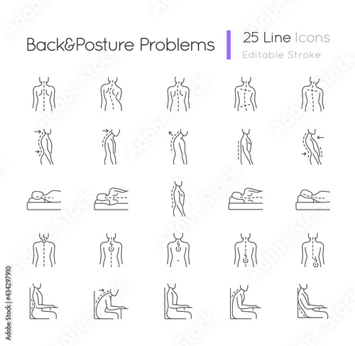 Back and posture problems linear icons set. Spinal abnormalities. Maintaining natural alignment. Customizable thin line contour symbols. Isolated vector outline illustrations. Editable stroke photo