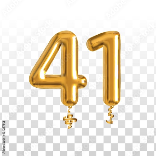 Vector realistic isolated golden balloon number of 41 for invitation decoration on the transparent background.