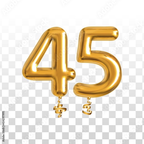 Vector realistic isolated golden balloon number of 45 for invitation decoration on the transparent background.