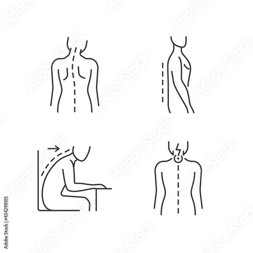 Bad posture problems linear icons set. Head tilt. Flatback syndrome. Slouching. Neck pain. Customizable thin line contour symbols. Isolated vector outline illustrations. Editable stroke