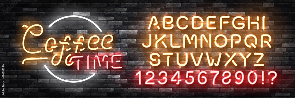 Vector realistic isolated neon sign of Coffee logo with easy to change color alphabet font for template decoration and covering on the wall background. Concept of cafe and coffee shop. Vector realistic isolated neon sign of Coffee logo with easy to change color alphabet font for template decoration and covering on the wall background. Concept of cafe and coffee shop.