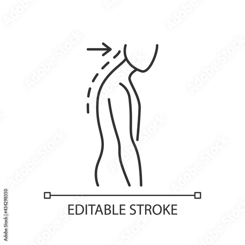 Slouching linear icon. Poor posture. Forward head. Body looking down. Walking incorrectly. Thin line customizable illustration. Contour symbol. Vector isolated outline drawing. Editable stroke