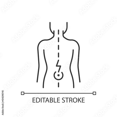 Lower back pain linear icon. Aging-related wear. Physical disability. Ruptured, bulging disc. Thin line customizable illustration. Contour symbol. Vector isolated outline drawing. Editable stroke