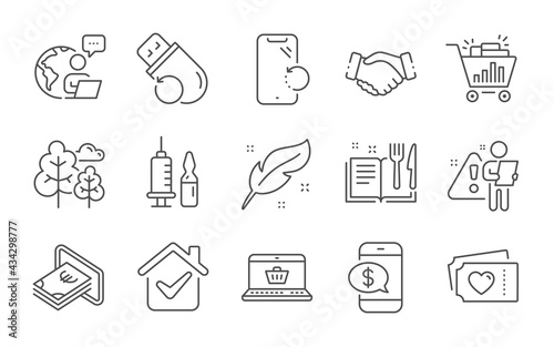 Online shopping, Feather and Handshake line icons set. Seo shopping, Smartphone recovery and Flash memory signs. Medical vaccination, Cash and Tree symbols. Line icons set. Vector