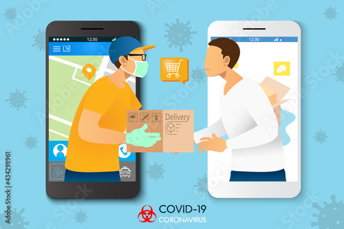 Social Distancing Technology Help by Mobile Phone Application to Buy Item Via Online Service Man Order Good and Messenger Deliver Package to Him During Coronavirus Covid-19 Pandemic Vector Graphics