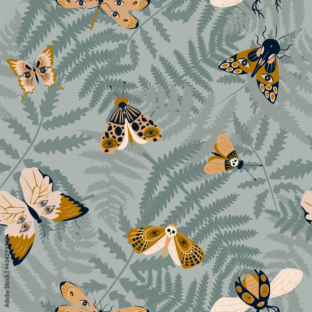 Mystical seamless pattern with fern and insects, bugs, bee, butterfly, moth. Editable vector illustration. Mystical seamless pattern with fern and insects, bugs, bee, butterfly, moth. Editable vector illustration.