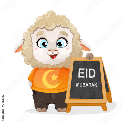 Eid al-Adha Mubarak. Funny cartoon character ram