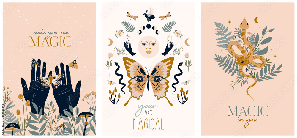Mystical poster or cards collection with magic inspiration quote and mystical elements. Editable Vector Illustration.