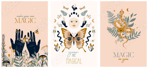Mystical poster or cards collection with magic inspiration quote and mystical elements. Editable Vector Illustration.