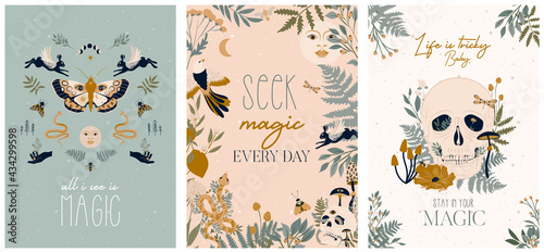 Mystical poster or cards collection with magic inspiration quote and mystical elements. Editable Vector Illustration.