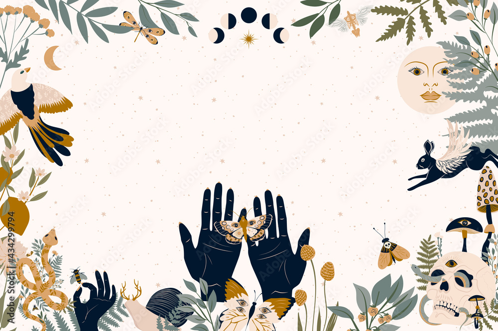 Background with floral frame with mystical plants, herbs, flower and insects. editable Vector Illustration. Background with floral frame with mystical plants, herbs, flower and insects. editable Vector Illustration.