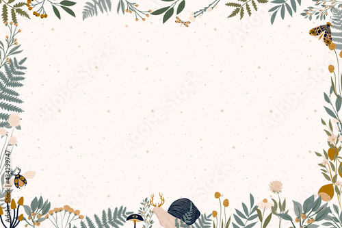 Background with floral frame with mystical plants, herbs, flower and insects. editable Vector Illustration.