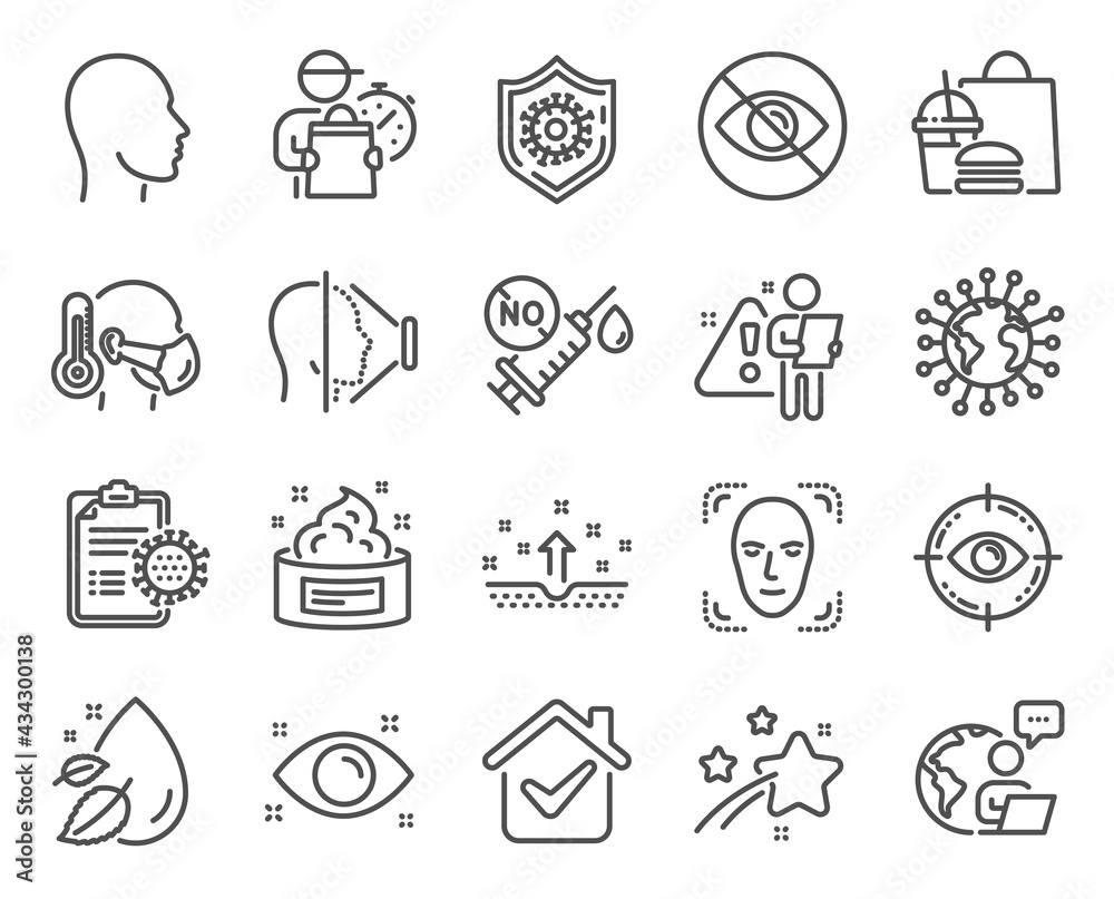 Medical icons set. Included icon as Coronavirus vaccine, Head, Not looking signs. Coronavirus report, Sick man, Clean skin symbols. Face detection, Eye target, Skin cream. Health eye. Vector Medical icons set. Included icon as Coronavirus vaccine, Head, Not looking signs. Coronavirus report, Sick man, Clean skin symbols. Face detection, Eye target, Skin cream. Health eye. Vector