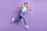 Full body profile photo of stressed brown hair lady run wear top jeans isolated on purple color background