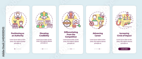 Personal brand tasks onboarding mobile app page screen with concepts. Identity goals walkthrough 5 steps graphic instructions. UI, UX, GUI vector template with linear color illustrations