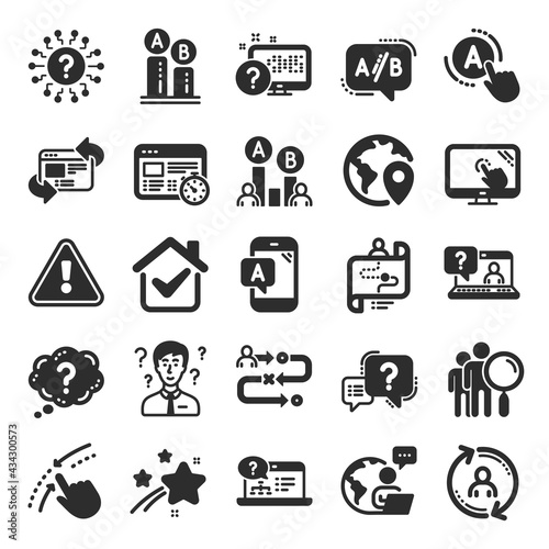 UX icons. Set of AB testing, Journey path map and Question mark icons. Usability quiz test, Ux Ui and User flow. Project process, ab testing graph, survey test results. Quiz question. Vector