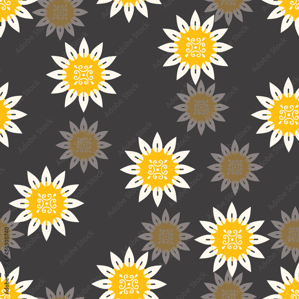 Ethnic Sunflowers on Black Background Vector Seamless Pattern Ethnic Sunflowers on Black Background Vector Seamless Pattern