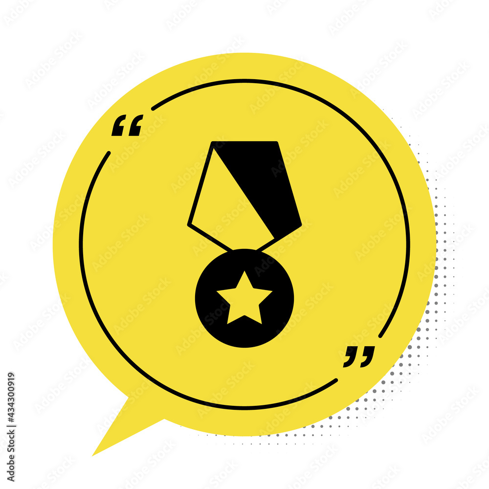 Black Military reward medal icon isolated on white background. Army sign. Yellow speech bubble symbol. Vector Black Military reward medal icon isolated on white background. Army sign. Yellow speech bubble symbol. Vector