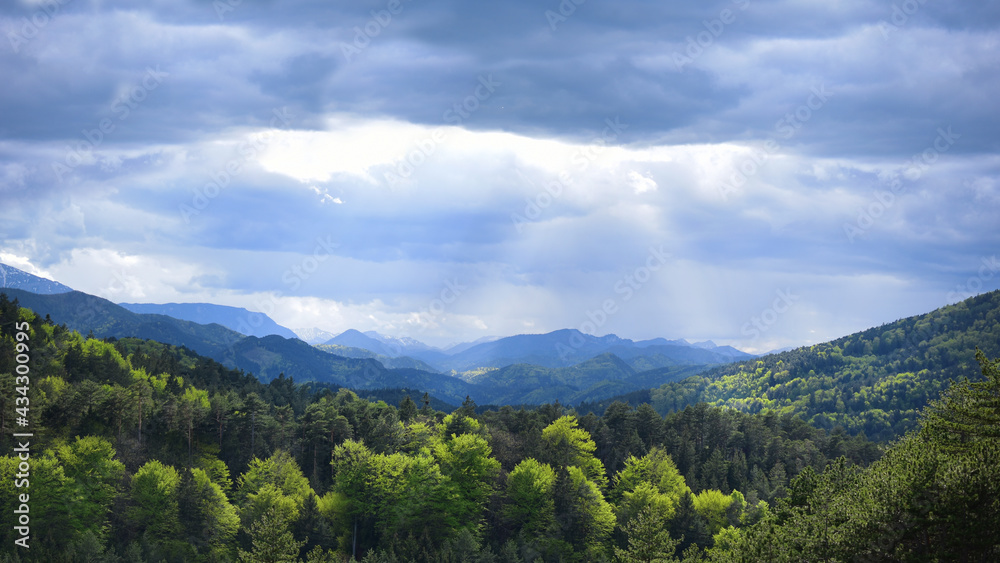 Berglandschaft im Frühling mit frisch grünen Bäumen an einem wolkigen Tag mit Sonnenstrahlen, Berge bis zum Horizont, graue Wolken, Panorama im Schneeberg Land