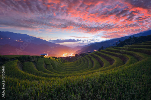 Green Rice fields on terraced in Mu cang chai, Vietnam Rice field on during sunset