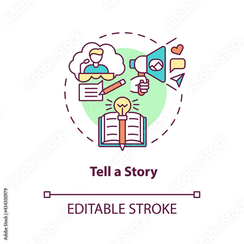 Tell story concept icon. Define your principles. Brand storytelling. Engaging target audience idea thin line illustration. Vector isolated outline RGB color drawing. Editable stroke