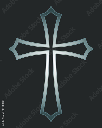 Cross vector shape symbol. Christianity sign. Christian religion icon. Metal silver color. Catholic and protestant faith logo or image. Teutonic crusader label. Gothic crusade iron crucifix.