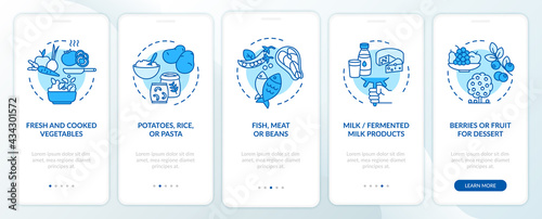 Healthy school eating onboarding mobile app page screen with concepts. Potatoes and rice walkthrough 5 steps graphic instructions. UI, UX, GUI vector template with linear color illustrations