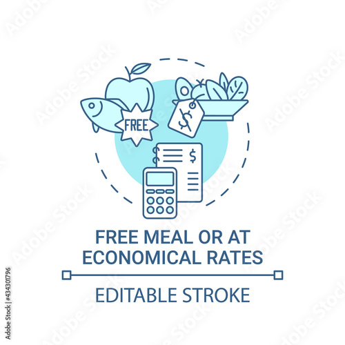 Free meal or at economical rates concept icon. Improving health by eating natural snacks. School lunch plan idea thin line illustration. Vector isolated outline RGB color drawing. Editable stroke